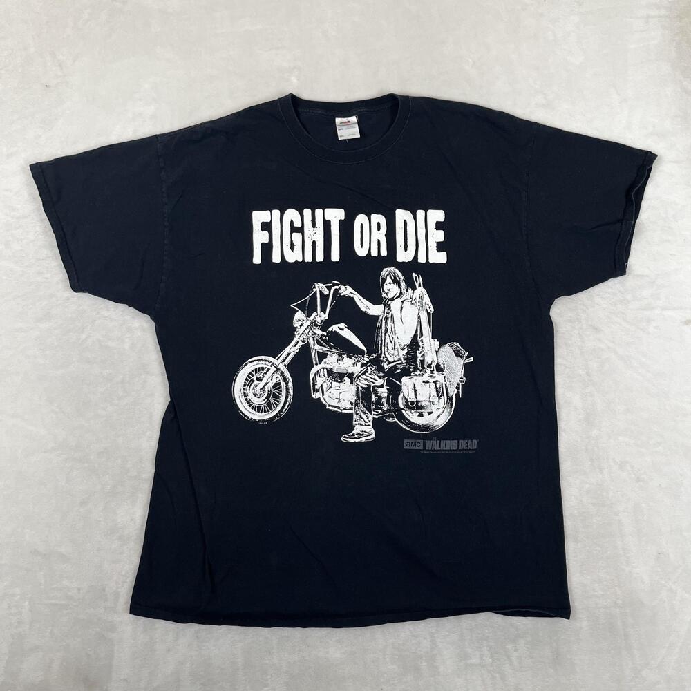 Vintage The Walking Dead Fight Or Die T-Shirt Mens 2XL Black Daryl AMC Y2K 2015